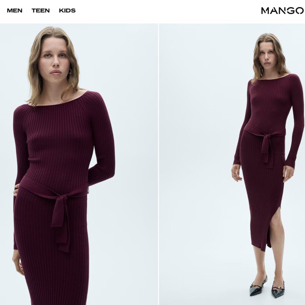 Mango Ribbed knit dress, size 2, wine red, Burgundy